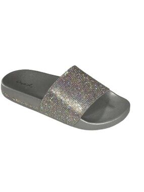 Qupid Kissy-01 Slide Sandals Women Rhinestone Glitter Strap Silver Comfort Slip
